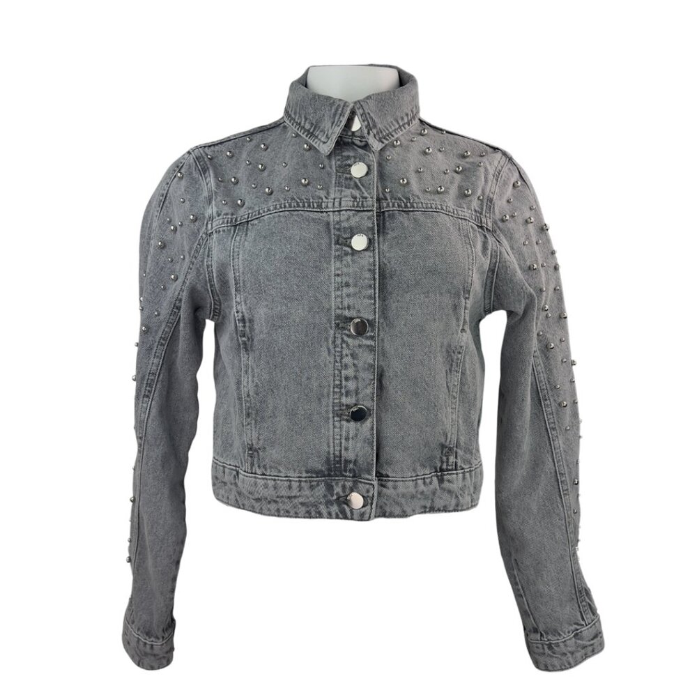 Zara Grey Cropped Denim Jacket with Silver Beads